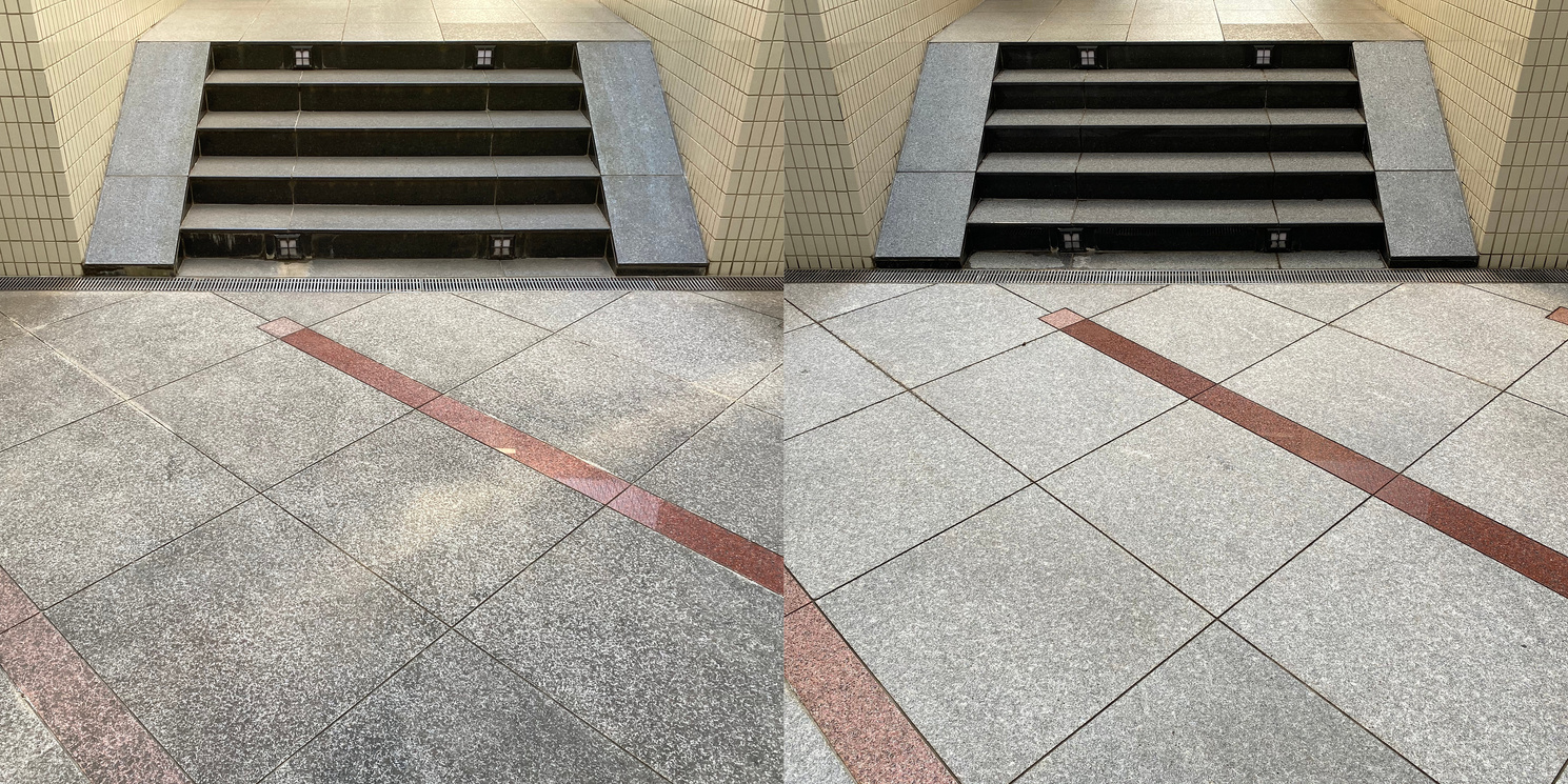 Before and after, cleaning on an old external natural granite floor